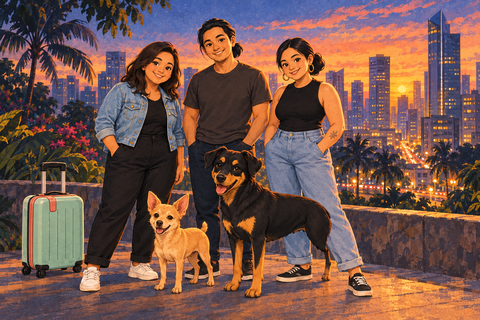 Painted travel portrait of Nitaya, Didi, Anand, small golden Pickles and larger black-and-tan three-legged Mango