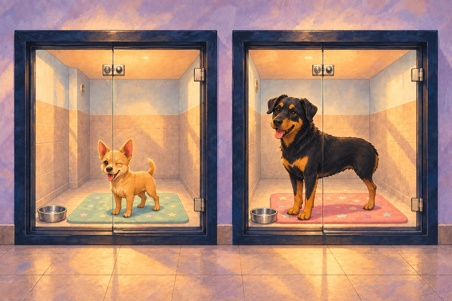 Painterly portrait of Pickles, the smaller golden dog, and Mango, the larger black-and-tan dog with her left hind leg absent, in separate neighbouring Starlux-inspired rooms